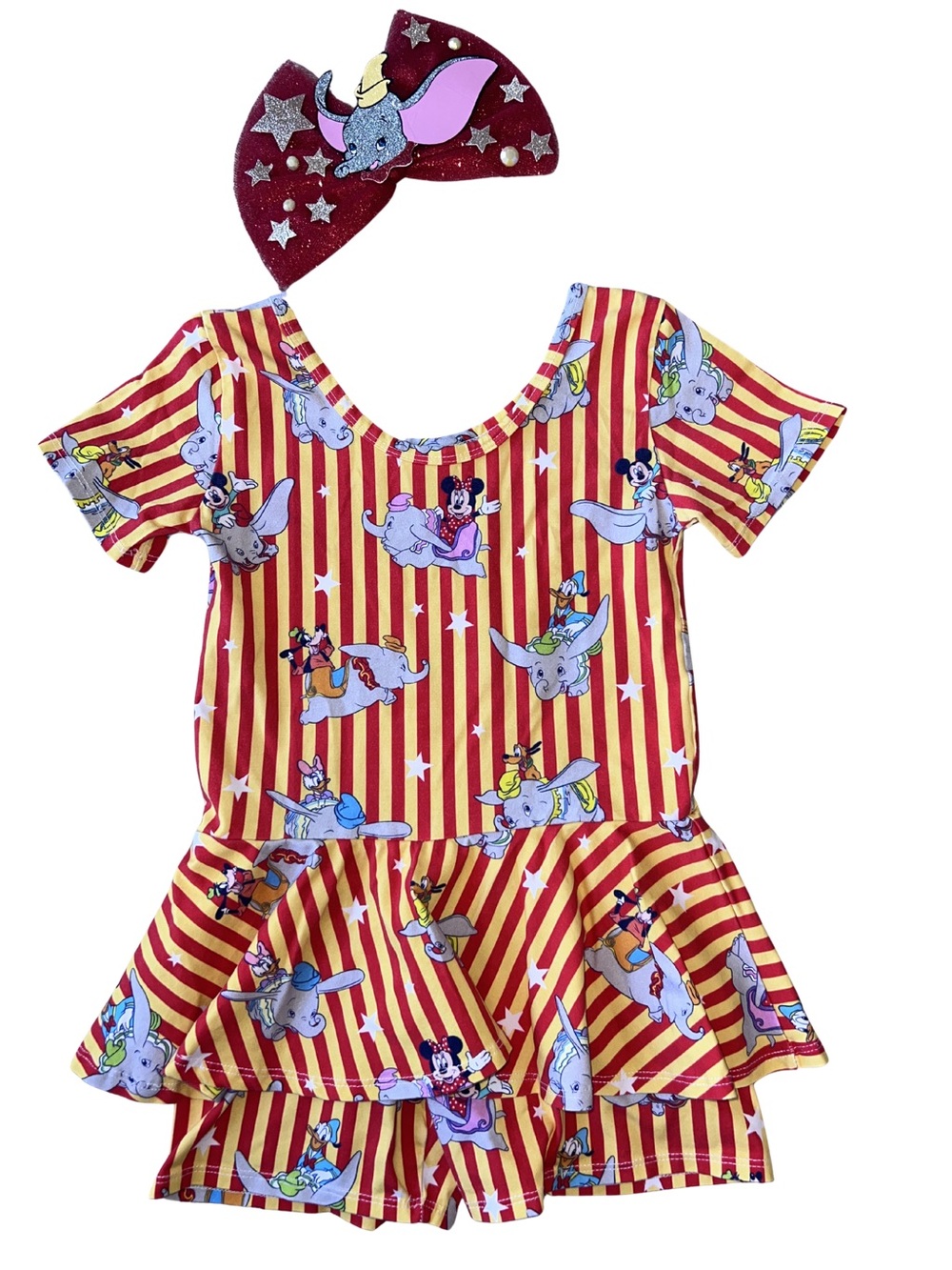 Wild Rich Kids Dumbo Striped Red Yellow Girls Romper with Bow Headband